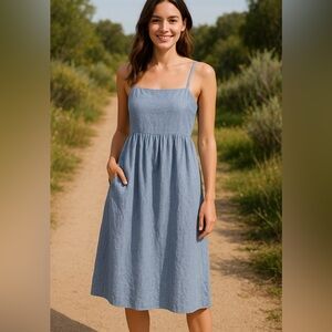 Cynthia Rowley 100% Linen Blue Midi Dress Size 4 Pockets, Adjustable Straps